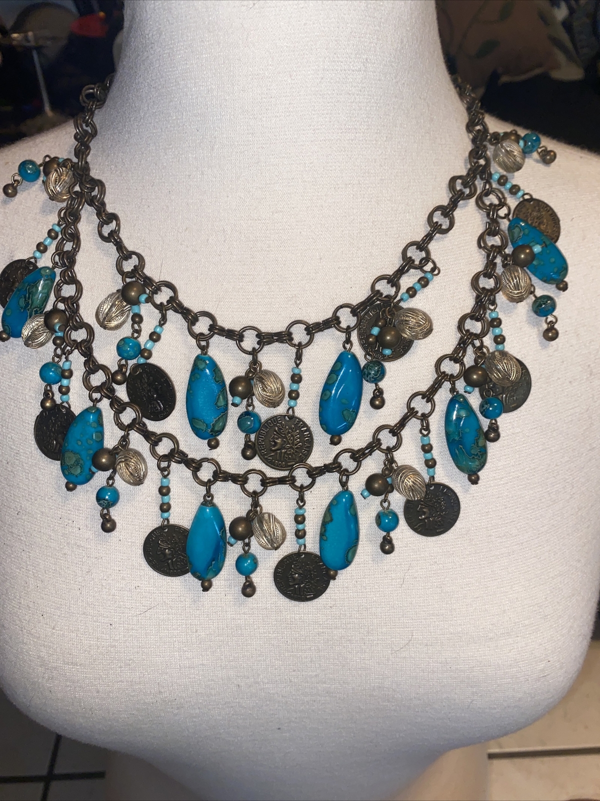 Francesca necklace Layered Turquoise Beads And Coins Gem