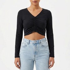 Calia Womens LS Ruched Rashguard Pure Black UPF 50 Cropped Swim Top M
