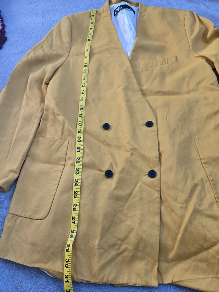 Pre-owned Zara 80s Style Blazer M Yellow Mustard Black Buttons Silky Fabric  - Image 3 of 4