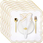 6 Set Gold Scalloped Embroidery Cloth Napkins Washable Dinner 18x18 In