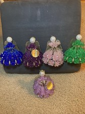 Vintage Safety Pin Beaded Doll Ornaments Set Of 2 Red And Yellow