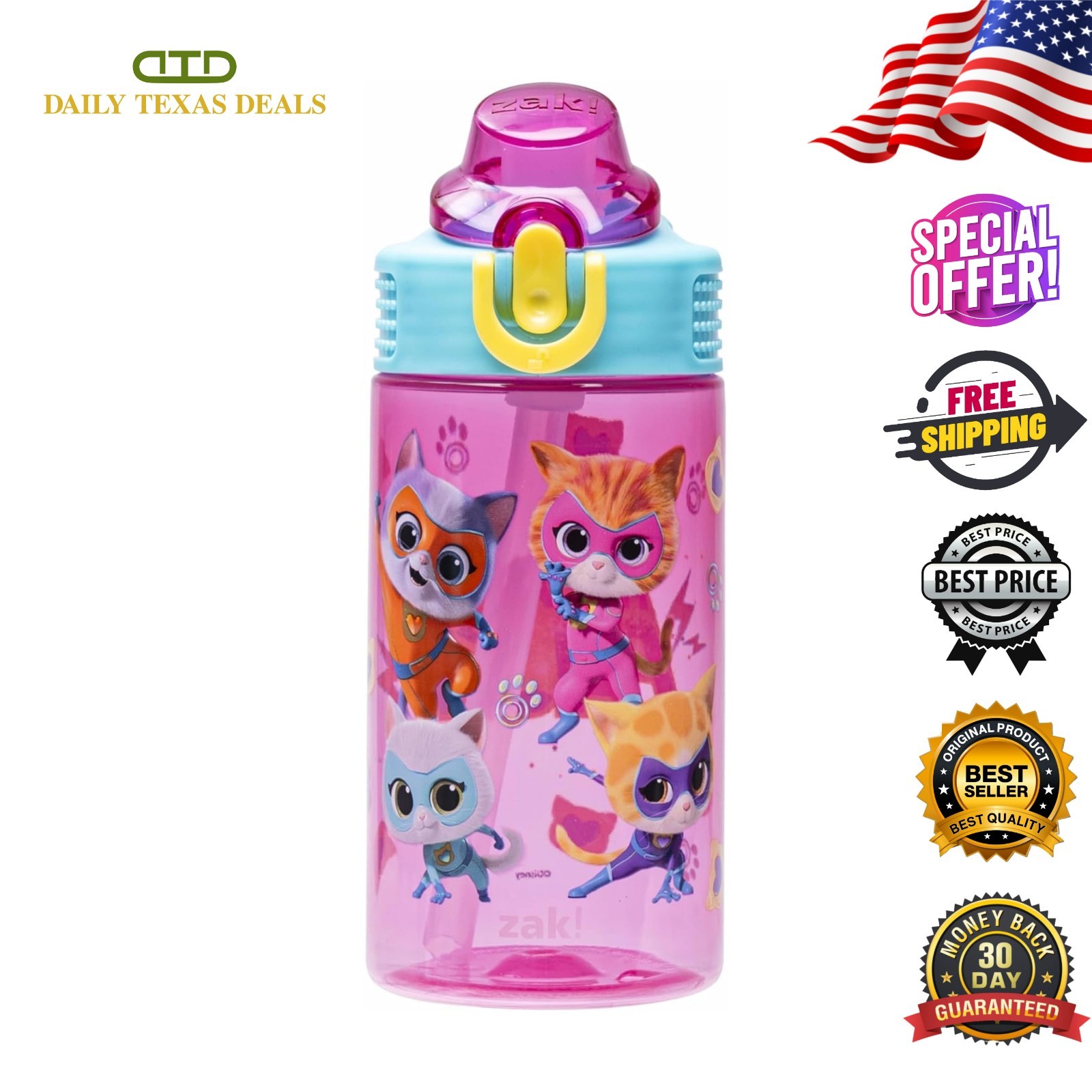 Disney SuperKitties Kids Water Bottle 16oz Leak-Proof Straw 