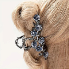 Large Metal Blue Floral Hair Claw Clips with Glitter Design - Spring Hair Access