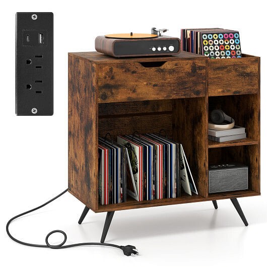 Vintage-style record player stand with built-in power outlet in rustic brown  -image