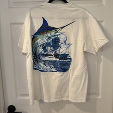 Guy Harvey Blue Water T Shirt White Pocket Sz XL Marlin Fishing Boat Cotton