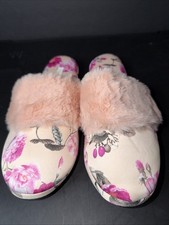 Victoria Secret New Satin Floral Print Slippers Size S 5-6 Pink NEW