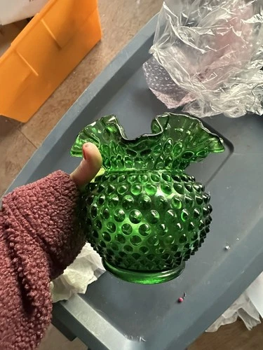 Fenton Emerald Green Hobnail Ruffled Crimped Glass Vase 5"