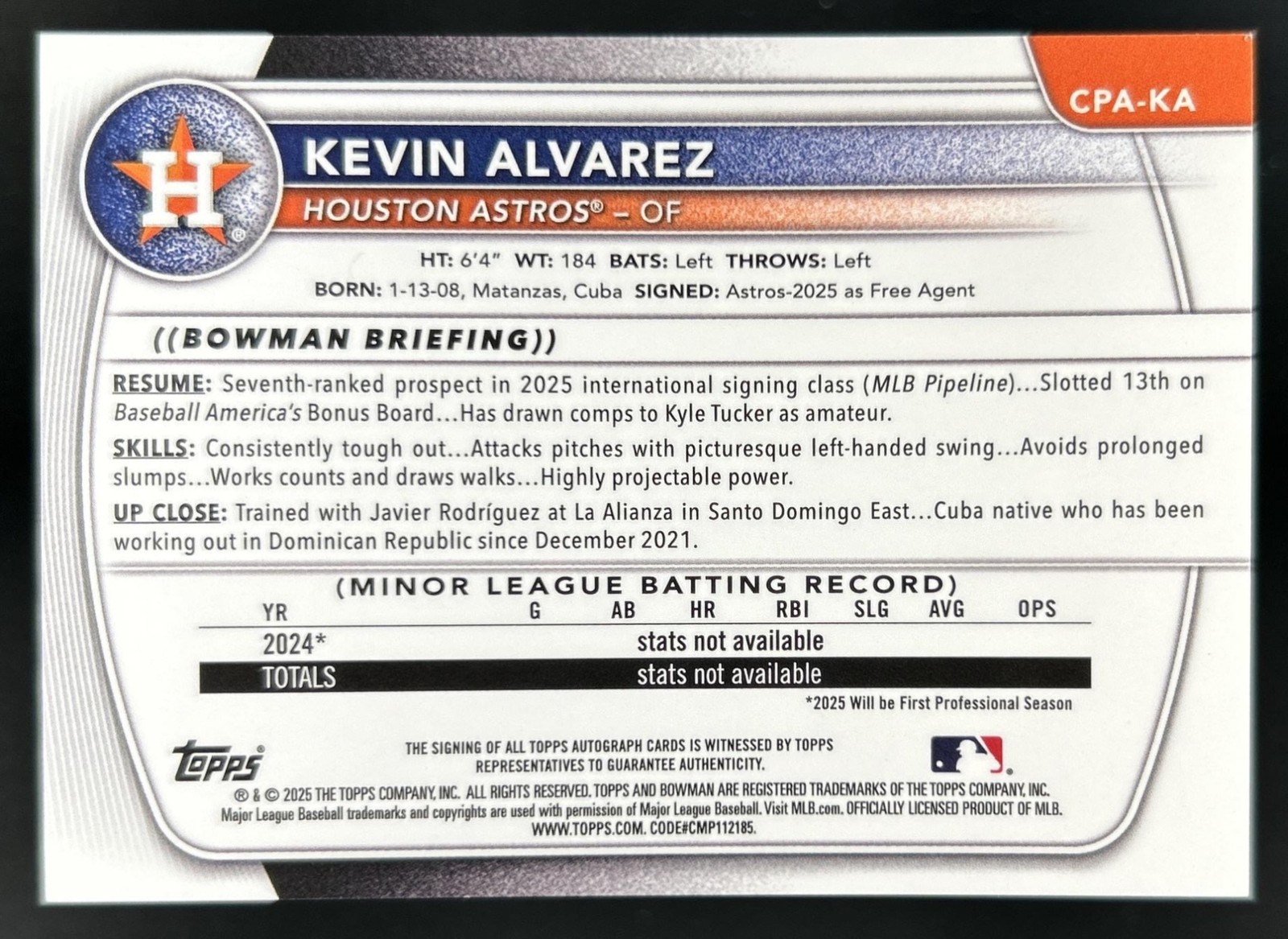 2025 Bowman Chrome Kevin Alvarez Auto Orange Refractor 1st Prospect #/25 Astros view 2