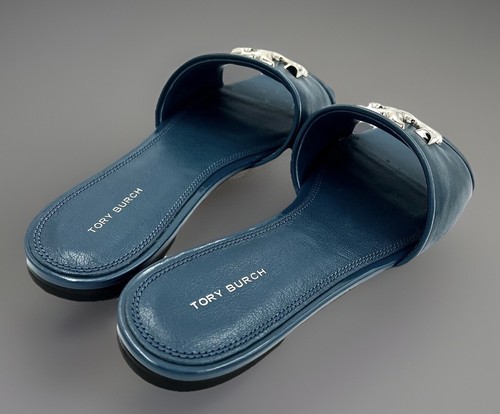TORY BURCH ELEANOR SLIDE SANDAL BRISK BLUE LEATHER SILVER-TONE LOGO SZ US 9 NIB - Picture 7 of 17
