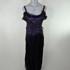 90s vintage Raven dress maxi purple black lace up ruffle mesh satin goth