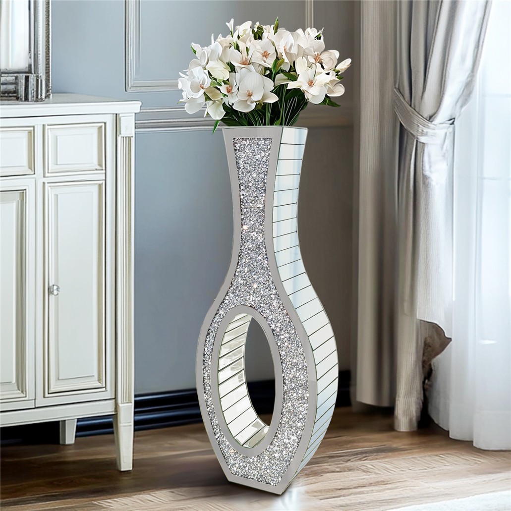 30" Tall Silver Mirrored Floor Vase Crushed Diamond Standing Flower Pampas Grass