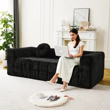 84.6'' Modern Boneless Couch w Two Circular Throw Pillows Three-Seater Foam Sofa