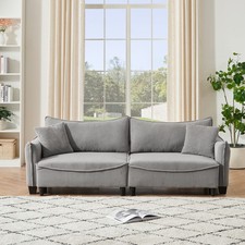 Grey Corduroy Sofa Bed w/ 2 Pillows, 3-Seater Sleeper Sofa for Living Room