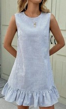 Blue White Striped Sleeveless Shift Dress Round Neck Ruffle Hem Knee L/XL