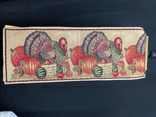 THANKSGIVING Table Runner 13x72” Turkey Pumpkin Fall Harvest Decor Tapestry
