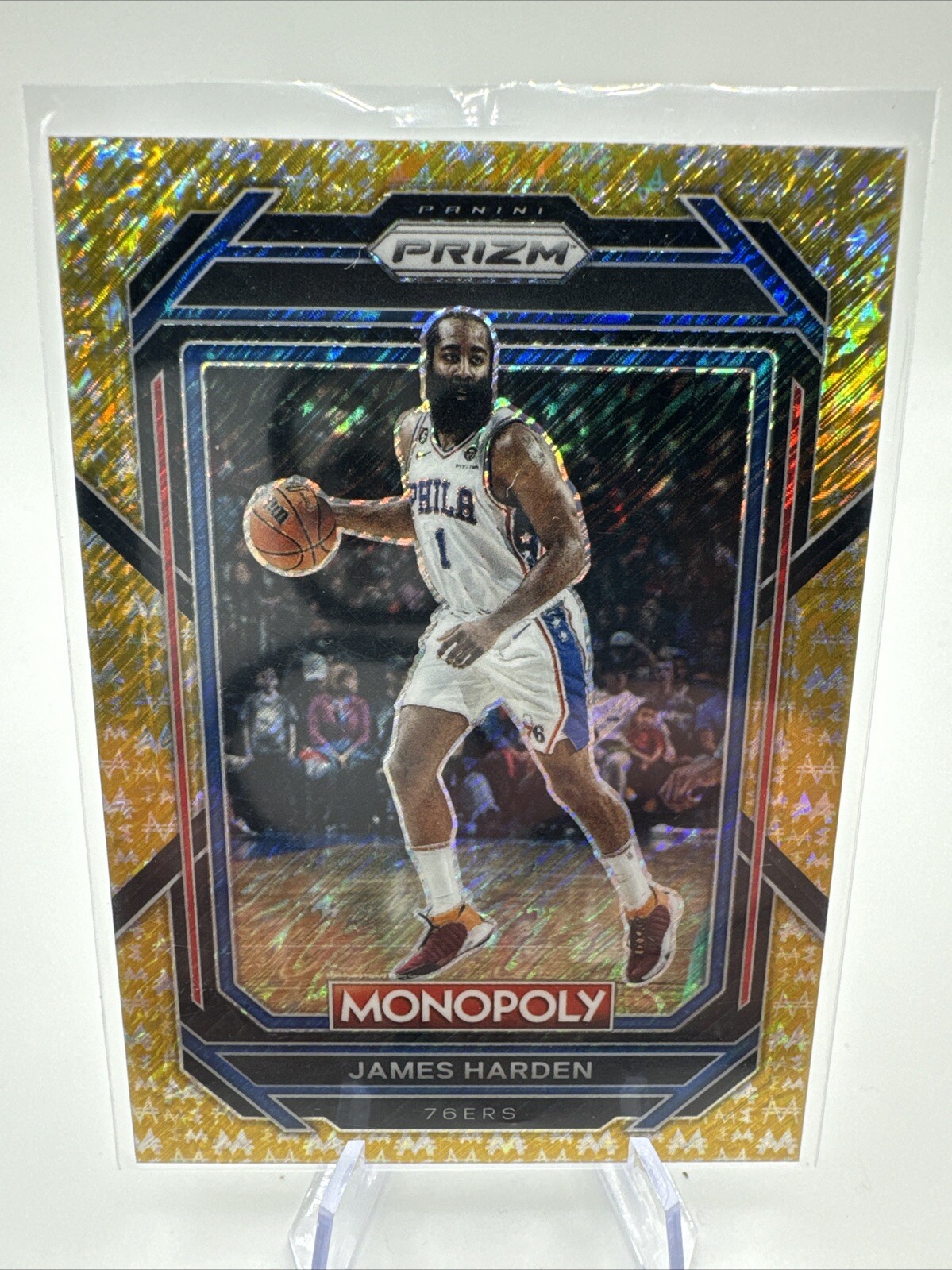 2022-23 Panini Prizm Monopoly - Gold Money Shimmer Prizm #68 James Harden /500