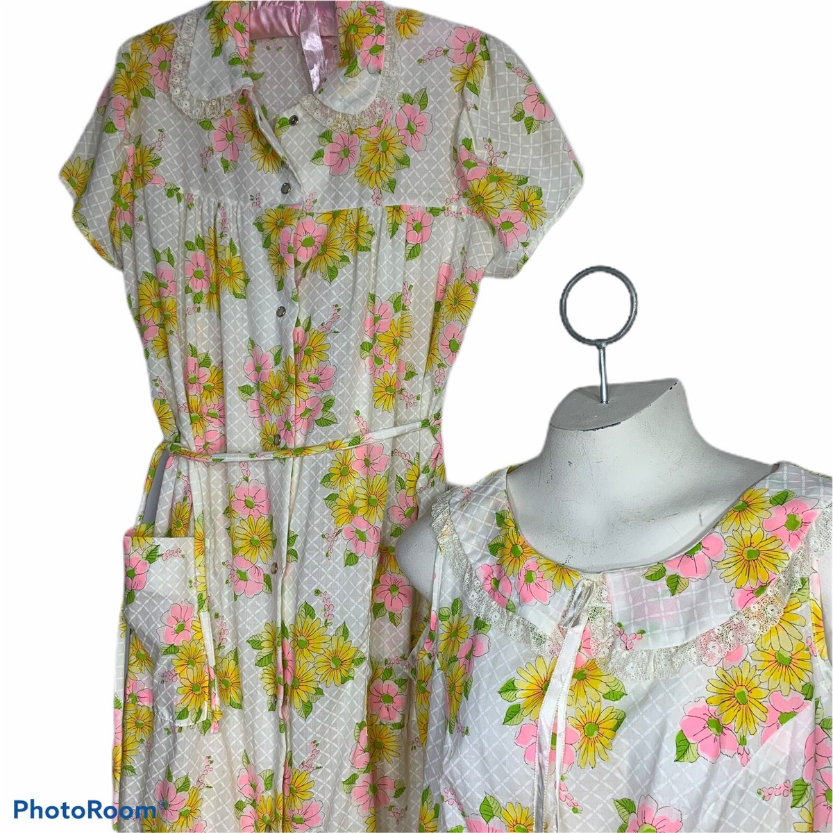 Vintage Katz Sleeveless Floral Nightgown Robe Set Flower Power MCM