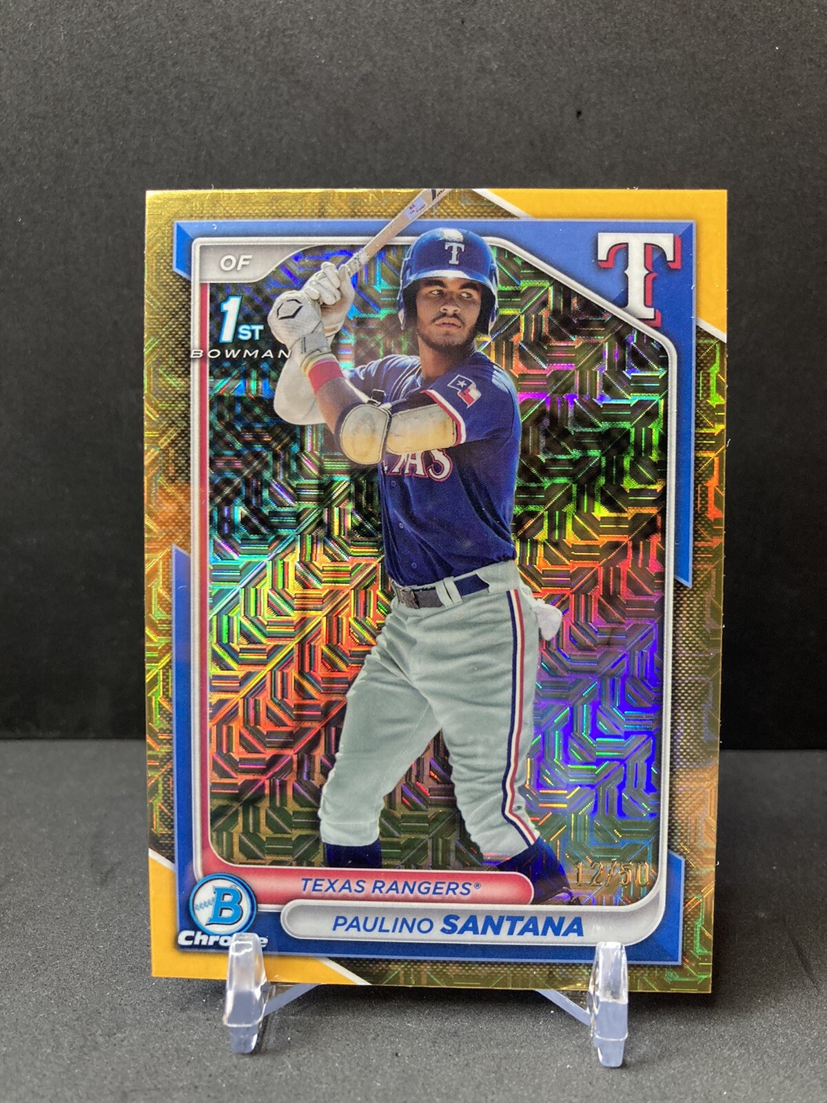 2024 Bowman Chrome 1st Mojo Paulino Santana Gold Refractor 12/50 Texas Rangers