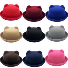 Girls Ladies Felt Cat Ears Fedora Bowler Hats Roll-up Brim Parent-child Cap Gift
