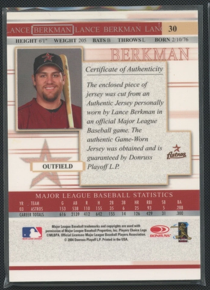 2004 Donruss Timelines #30 Lance Berkman Material - Image 2 of 2