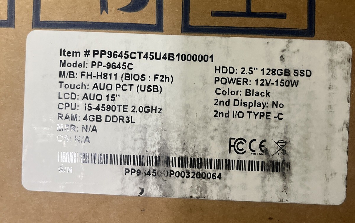 FEC PP-9645C POS Touch Terminal, 15”LCD Bezel Free, CPU i5-4590te