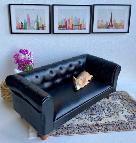 1:12 miniature sofa dollhouse black leather sofa living room furniture modern - Picture 10 of 18