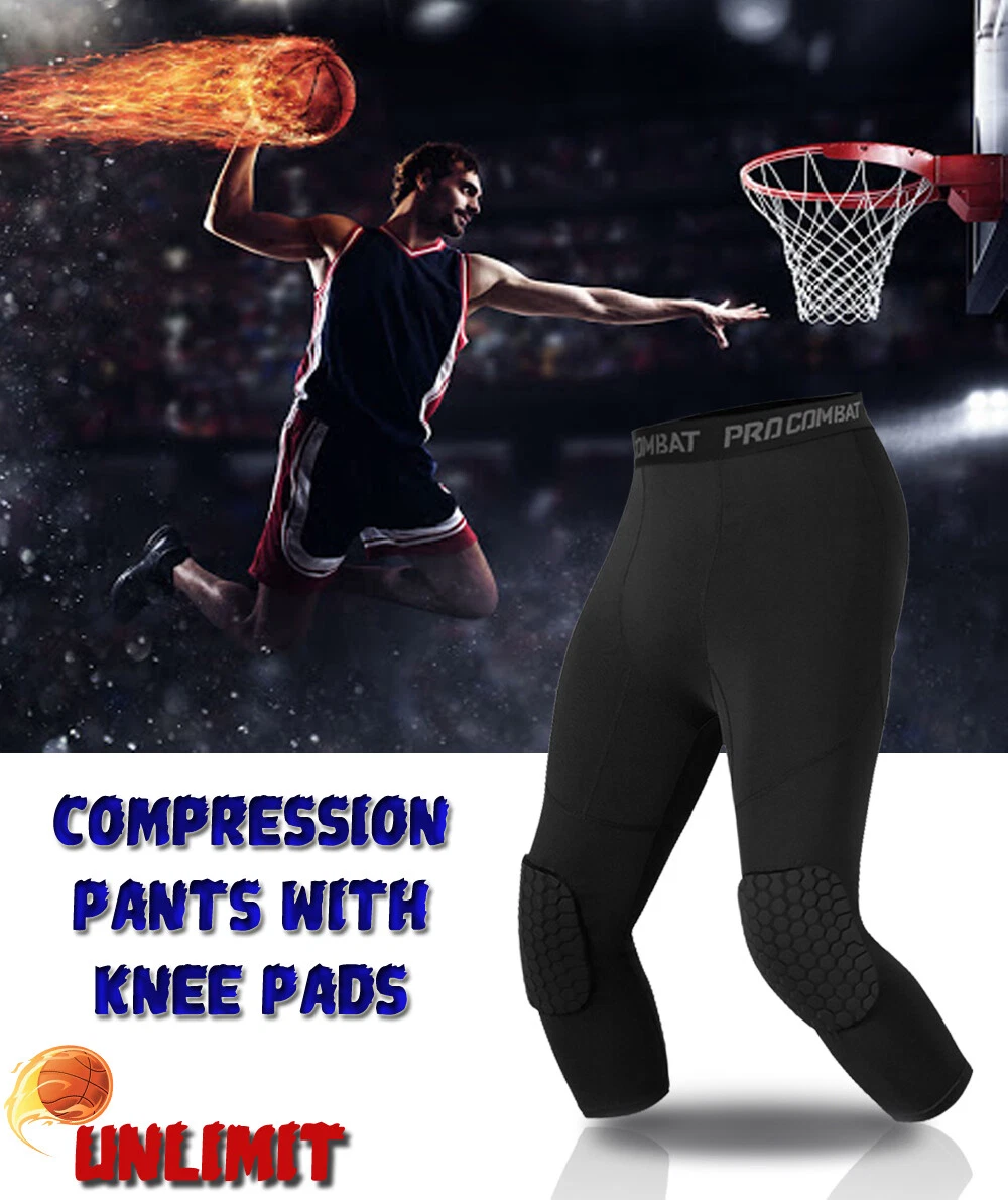 Basketball Pants with Knee Pads, Black, 3/4 Capri Compression Tights Pants