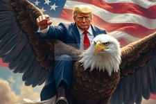 PRESIDENT DONALD TRUMP RIDING AMERICAN BALD EAGLE FLAG PATRIOTIC 4X6 AI POSTCARD