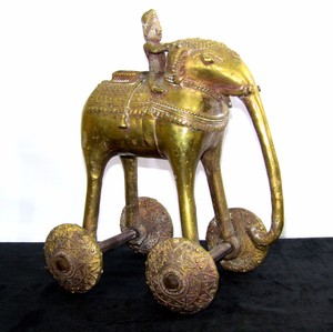 Vintage-Indian-Ornamental-Cast-Bronze-Mounted-Elephant-Toy-on-Wheels-11-25-034-H