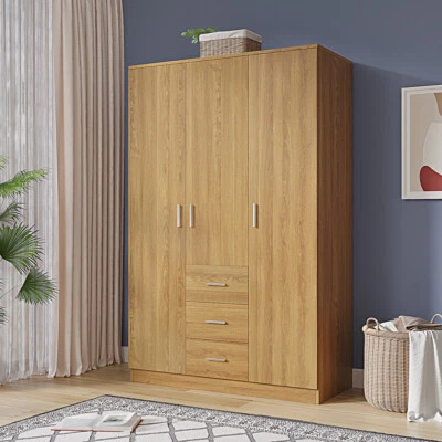 PANANA 180cm Wooden 3 Door Wardrobe With 3 Drawers Bedroom Storage Hanging Bar Clothes