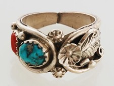 Navajo Handmade Sterling Silver with Turquoise and Coral Ring Size 5 1/2