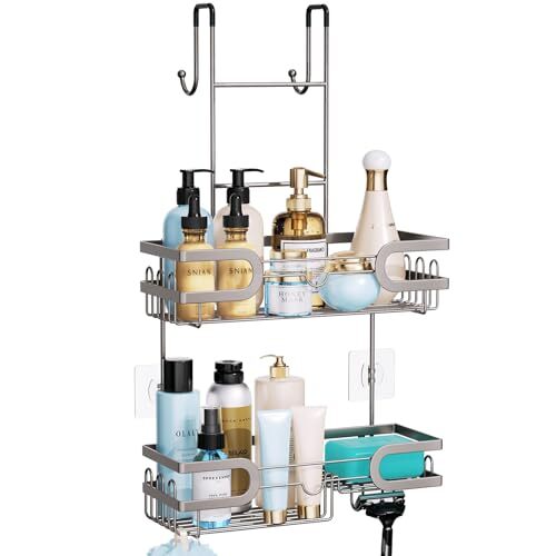 Shower Caddy over Door- Hanging Shower Organizer with 14 2-tier Brushed Nickel