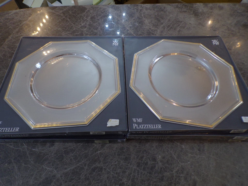 WMF Satz große schwere Platzteller achteckig Goldrand 6 Personen Cromargan TOP !