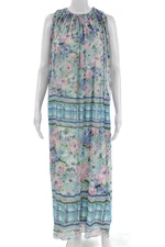 Frances Valentine Women Maxi Shift Dress Blue Silk Floral Sleeveless Size XS
