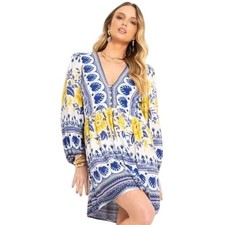 Farm Rio Mini Dress Women Medium Azulina Off White Floral Tropical Boho V-Neck