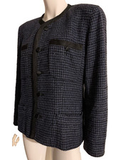 Vntg LizWear winter blazer houndstooth navy blue black metallic wool blend siz 8