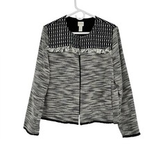 Chico  s Size 2 Reg Size 12 Black/Blue/White Novelty Pieced Tweed Fringe Blazer