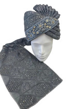 Groom Wedding Turban Grey Chikankari Adjustable Pagdi/Premade Wedding For Mens