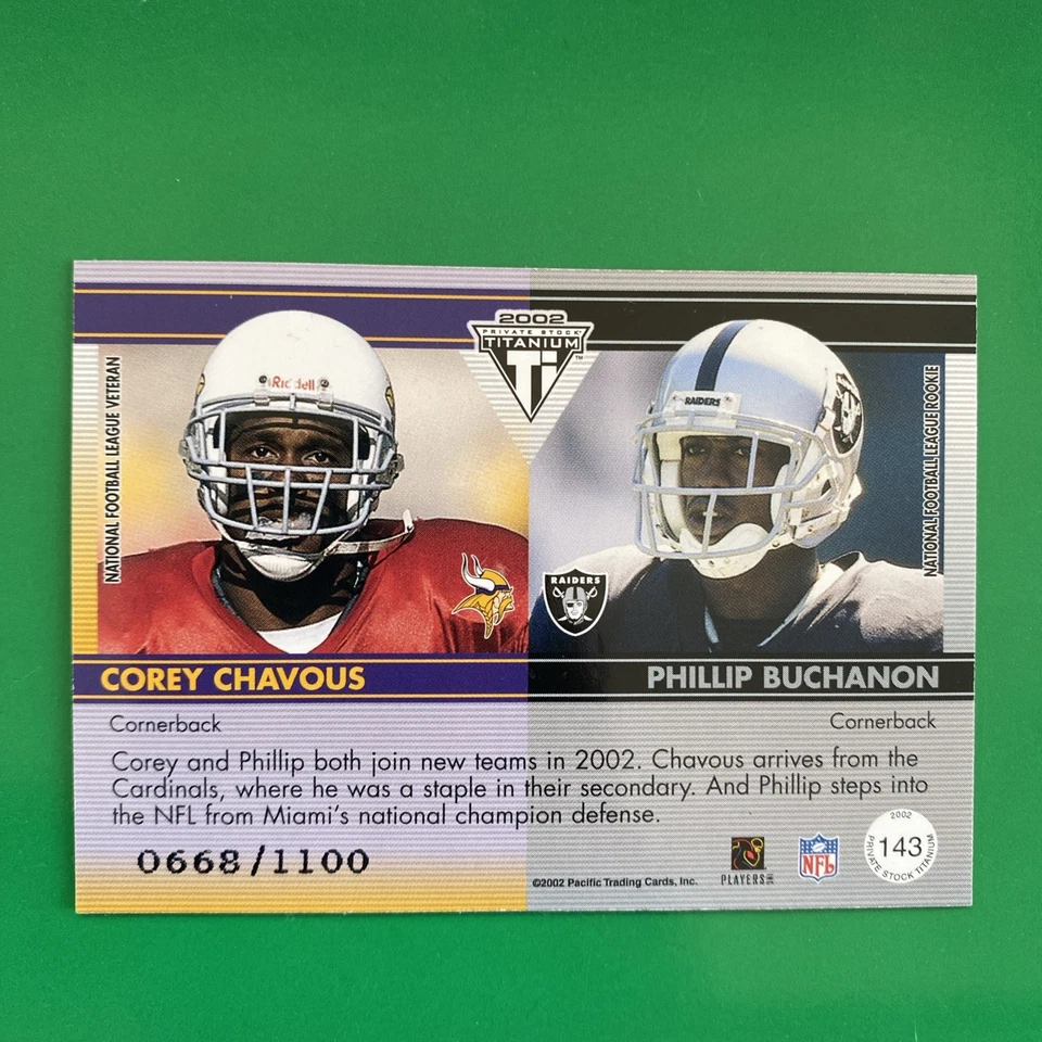 Corey Chavous Phillip Buchanon 2002 Private Stock Titanium Jersey 143 LTD #/1100 - Image 2 of 3