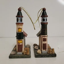 Vintage Lot Of 2 Artmark Wooden Lighthouse Nautical Christmas Tree Ornament 1999