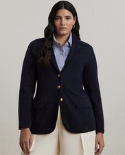 NWT Lauren Ralph Lauren Notch Lapel Long Sleeve Cotton Knit Blazer Navy 3X 225