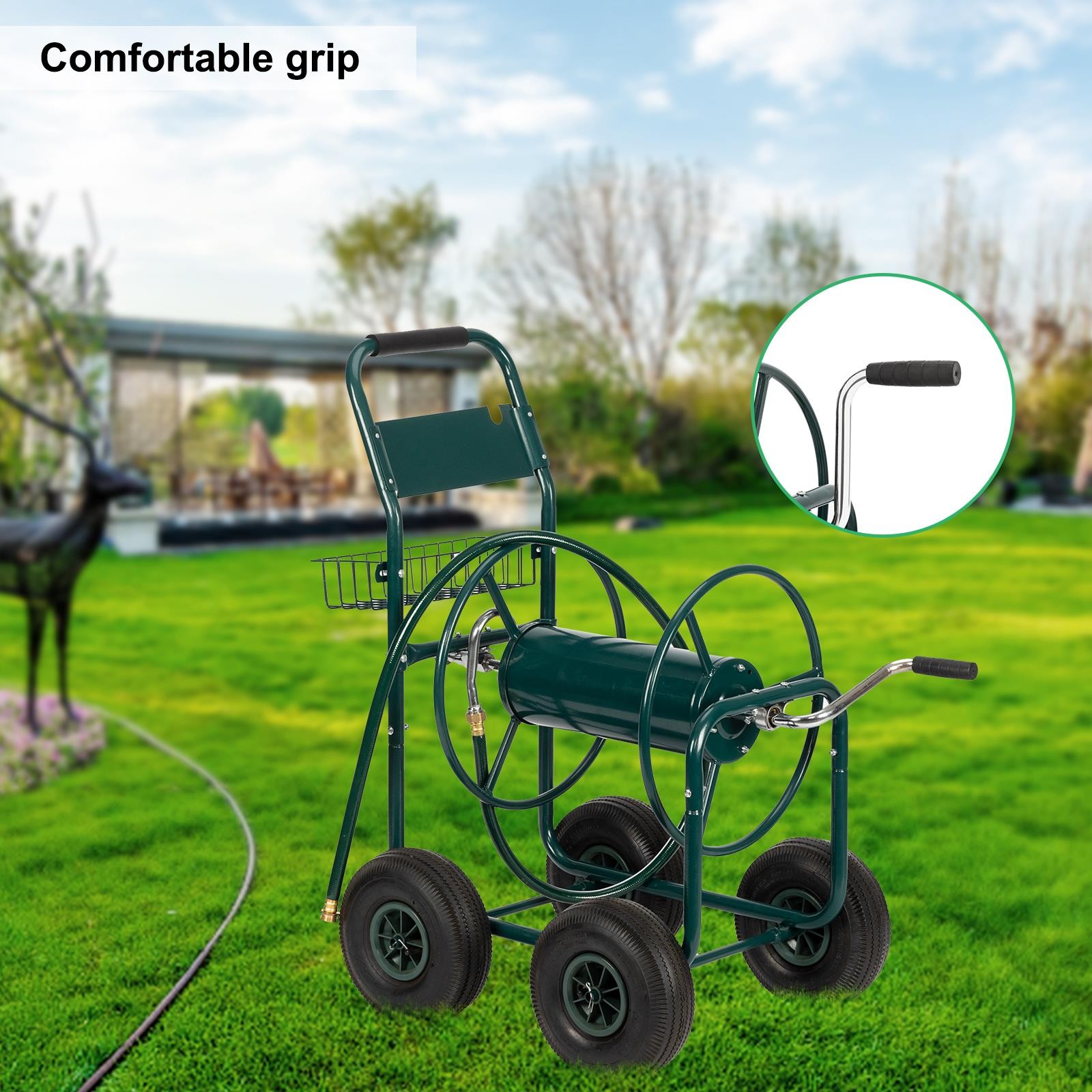 Heavy Duty Garden Hose Reel Cart Water w/Storage Basket Yard Outdoor Green