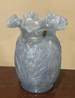 Vintage Fenton Opalescent Light Blue 8" Tall Vase with Daffodils