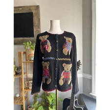 Vintage 90s Susan Bristol Holiday Teddy Bear Cotton Cardigan Size Small