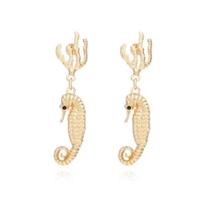 Gold Seahorse Fish Earrings, Ocean Coral Seahorse Dangle Earrings for Women, Boh