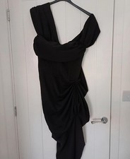 PrettyLittleThing Black One Shoulder Midi Dress Ruched Elegant Women’s UK 16