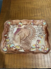 Vintage 1986 Ceramic Turkey Platter Hand Painted Raised Molded Thanksgiving