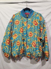 Y2K Casual Isle Silk Bomber Jacket Mens MED Teal Gold Baroque Vintage Excellent
