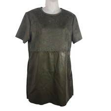 Miou Muse Womens Mini Dress Large Olive Faux Leather Suede Short Sleeve Pockets