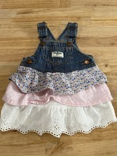 Oshkosh B gosh Denim Bib Overalls Dress Ruffle Floral, White Eyelet Pink 6 Mo